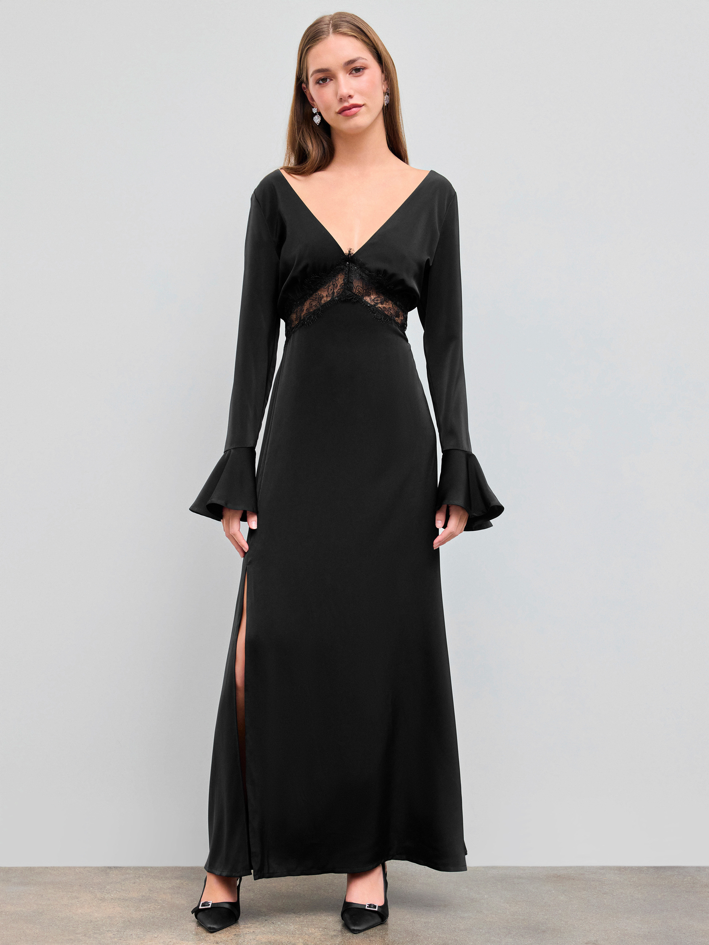 Satin Satin V-neck Split Lace Maxi Dress For Party/Clubbing Vacation | Cider