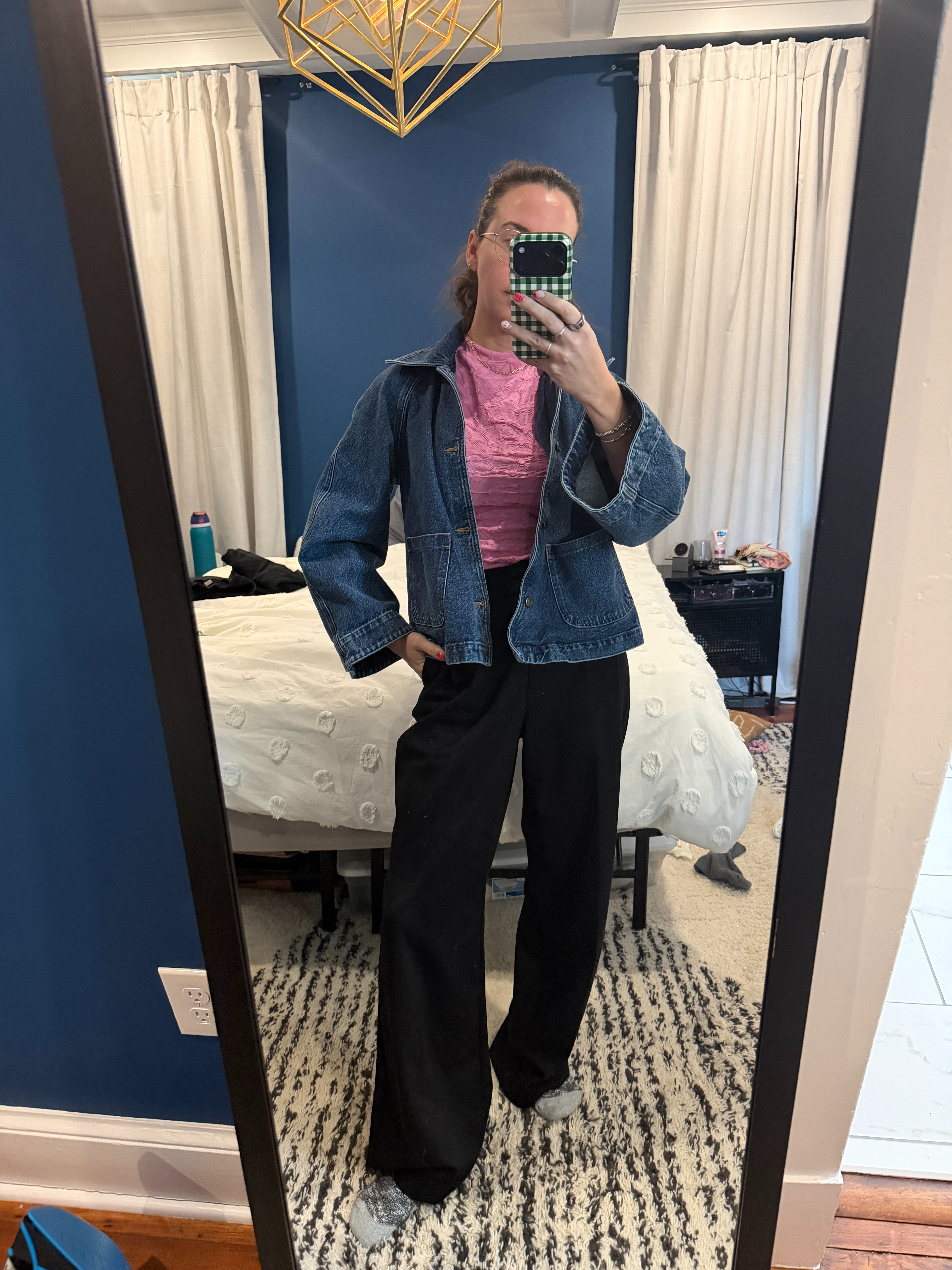 work from home. pink to[. black torusers. black pants. Favorite daughter trousers. What I wore. cold weather work from home. denim jacket. swing jacket. rent the runway. casual style. 

 

#LTKootd #LTKSaleAlert #LTKWorkwear