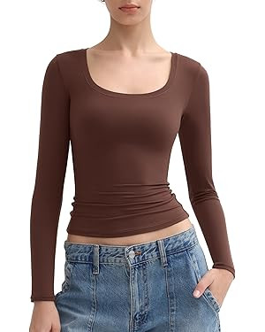 PUMIEY Women's Long Sleeve T Shirts Scoop Neck Slim Fit Going Out Tops Double Lined Basic Tee Smo... | Amazon (US)