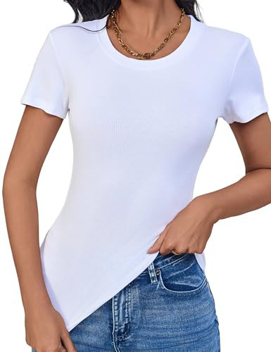 White Short Sleeve Tops Womens Ribbed Basic Trendy Stretchy Lightweight Summer Tops(White Small) | Amazon (US)