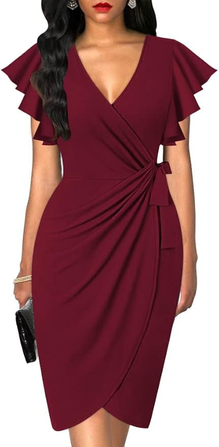 oten Womens Deep V Neck Ruffle Sleeve Sheath Casual Cocktail Party Work Faux Wrap Dress | Amazon (US)