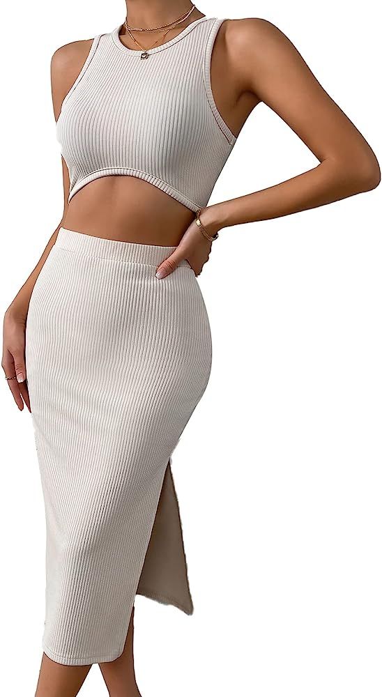 Verdusa Women's 2 Piece Outfit Crop Tank Top and Split Midi Bodycon Skirt Set | Amazon (US)