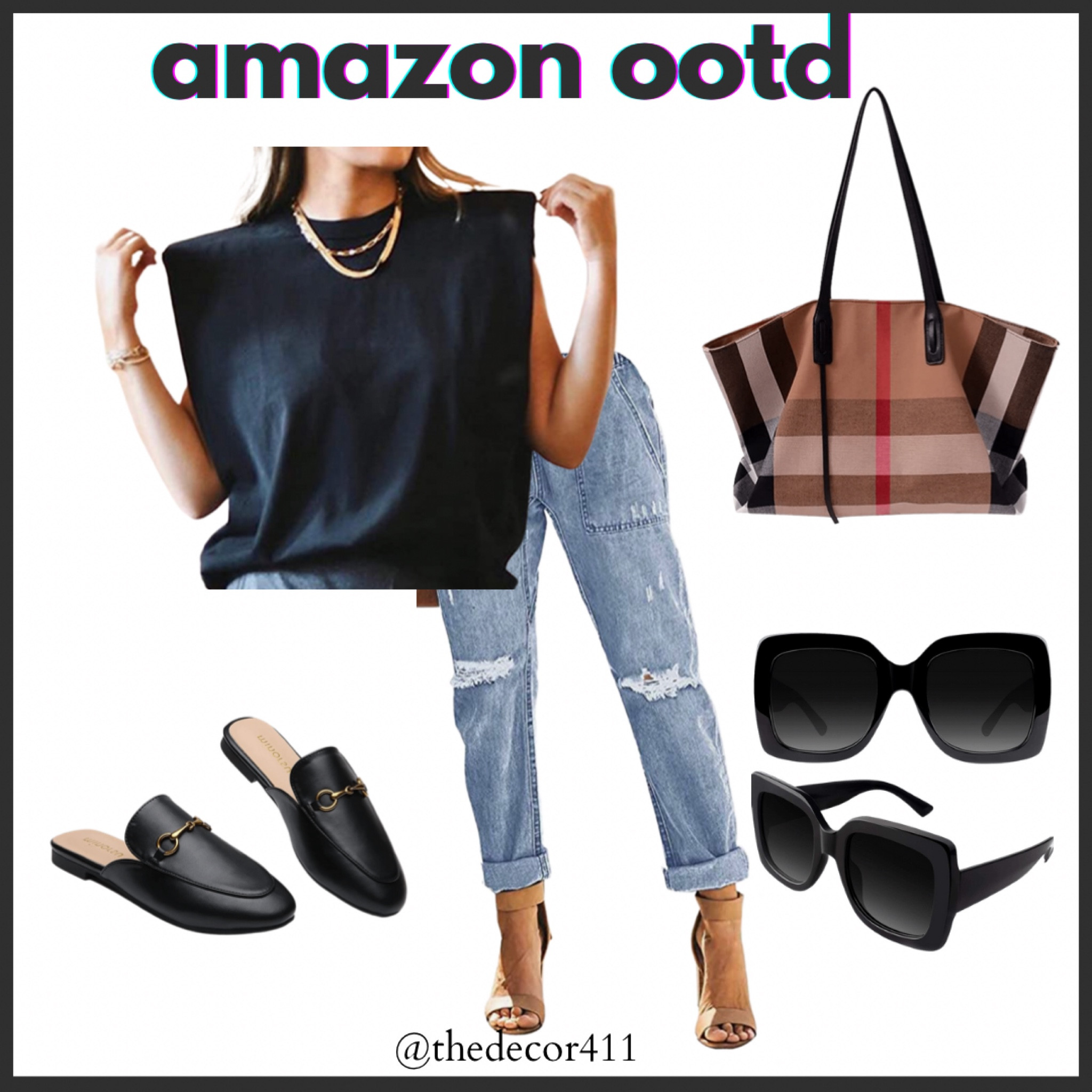Fall outfit inspo, fall transitional outfit, denim joggers, shoulder pad tee, Gucci inspired mules, flats, black sunglasses, Burberry inspired handbag, faux designer handbag, casual outfit, travel outfit, date night 

#LTKitbag #LTKtravel #LTKSeasonal