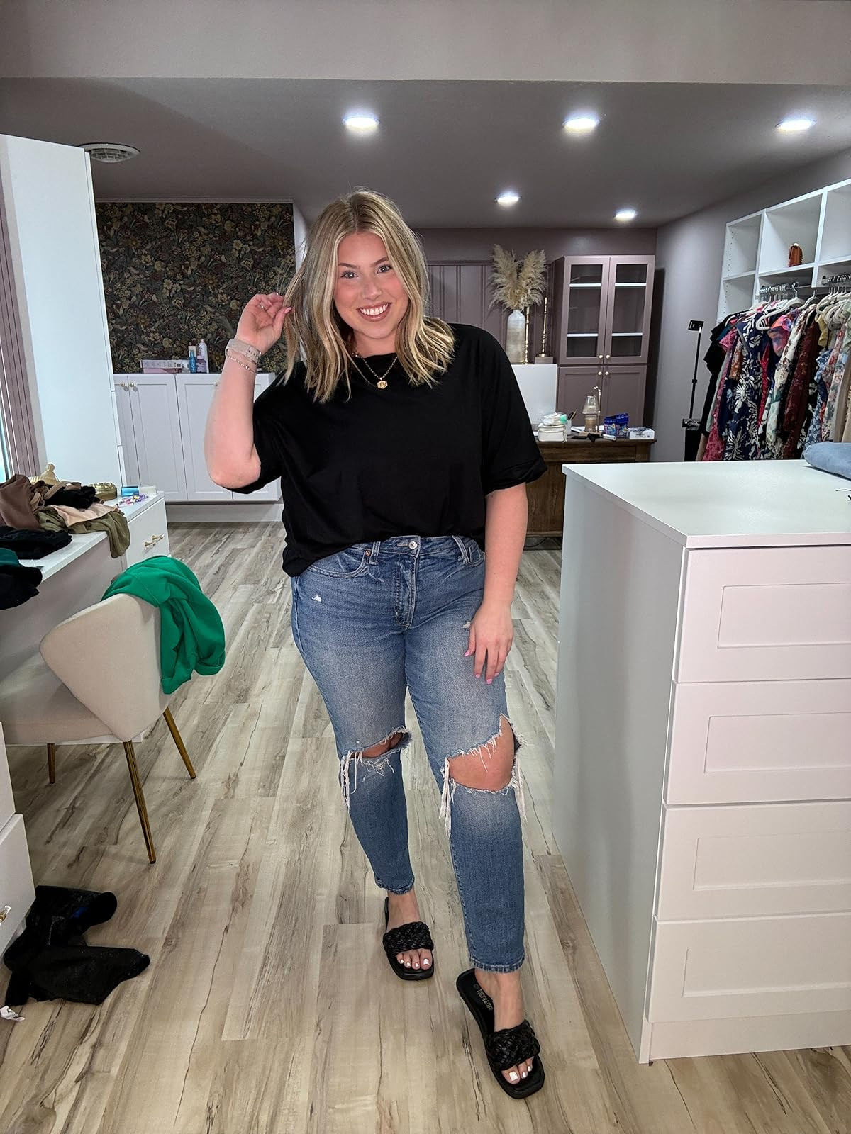 Easy everyday outfit 🖤 Comfy black tee, distressed denim, and the cutest sandals — simple but so good! 

 #LTKootd #LTKSeasonal #LTKSaleAlert
