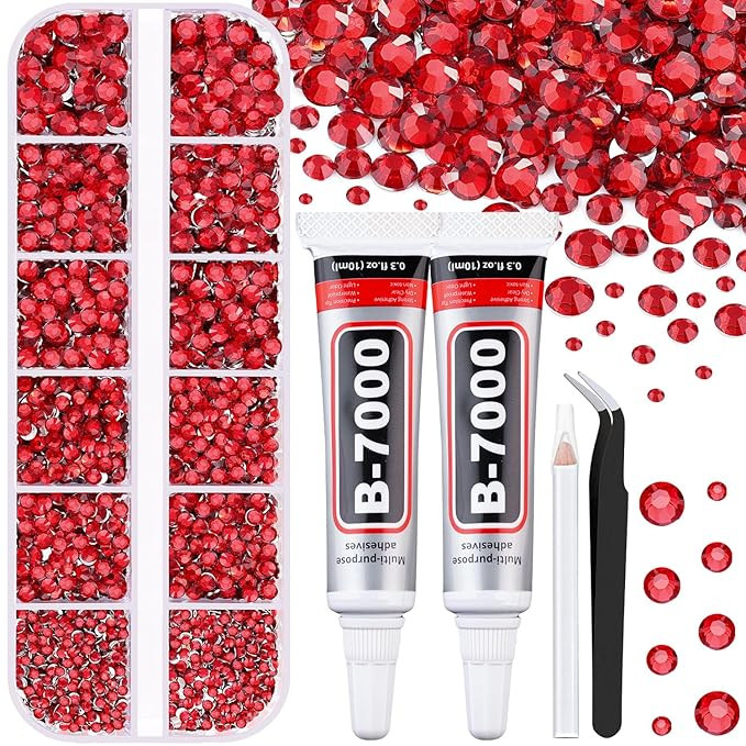6100Pcs Resin Red Rhinestones for Bedazzling with 2Pcs 10ml B7000 Jewelry Glue, 1 Box Flatback Ge... | Amazon (US)