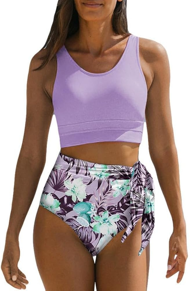 Dokotoo Womens Scoop Neck Racerback High Waisted Bikini Sets Two Piece Swimsuit Floral Print Tumm... | Amazon (US)