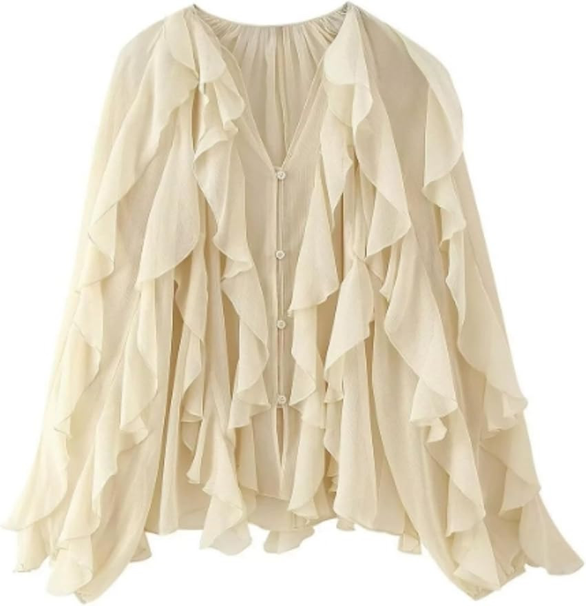 HangNiFang Ruffled Multi-Layered Summer Blouse for Women Trendy Semi See Through V-Neck Long Slee... | Amazon (US)