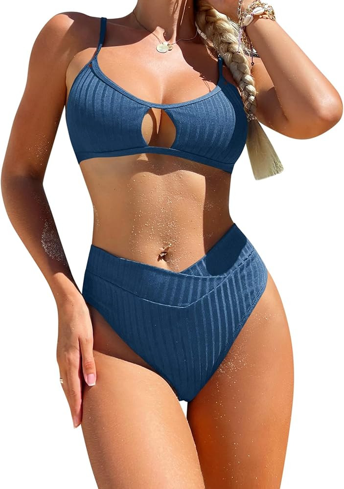 Lilosy Sexy High Waisted Cutout Ribbed V Cut Bikini Set 2 Piece Swimsui | Amazon (US)