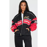 Petite Black Oversized Graphic Zipped Racer Bomber Jacket | PrettyLittleThing US