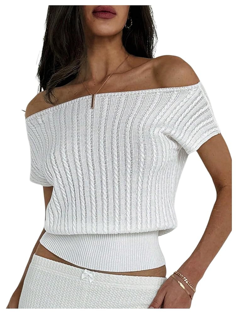 WDIRARA Women's Off Shoulder Textured Short Sleeve Fitted Waist Knitted Top | Amazon (US)