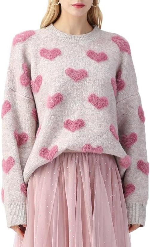 Women's Cute Aesthetic Heart Cream Sweaters Trendy Fall Pullover Crewneck Long Sleeve Soft Knitte... | Amazon (US)