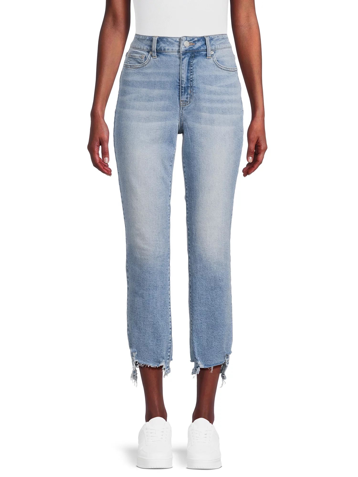 Time and Tru Women's Destructed Hem Straight Leg Jeans, 25.5" Inseam for Short, Sizes 4S-20S | Walmart (US)