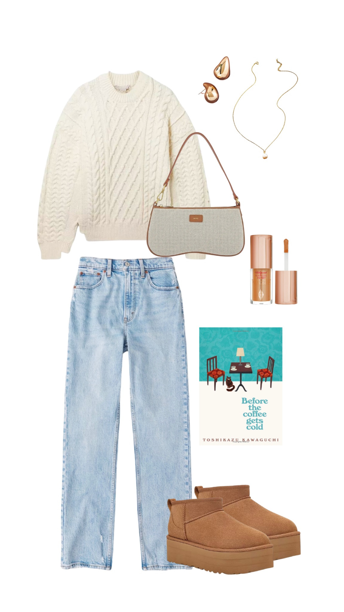 Fall outfit, white chunky knit sweater, cozy outfit, pumpkin patch outfit, coffee date outfit, bookstore outfit, school outfit, college class look, fall sweater, Abercrombie 90s straight leg jeans, fall accessories, gold jewelry, platform uggs

#LTKfindsunder50 #LTKfindsunder100 #LTKSeasonal