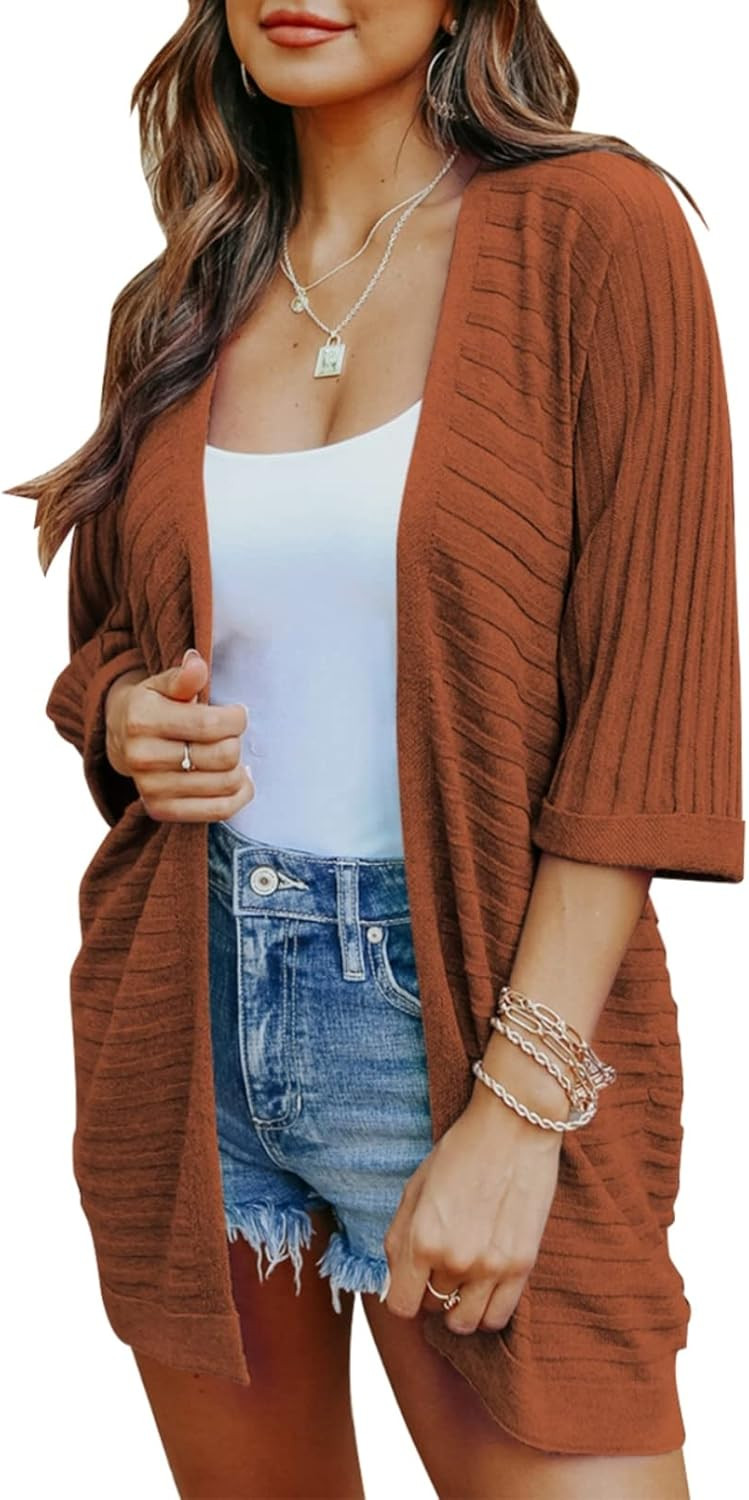 SHEWIN Womens Casual 3/4 Sleeve Open Front Lightweight Cable Knit Cardigan Sweaters | Amazon (US)