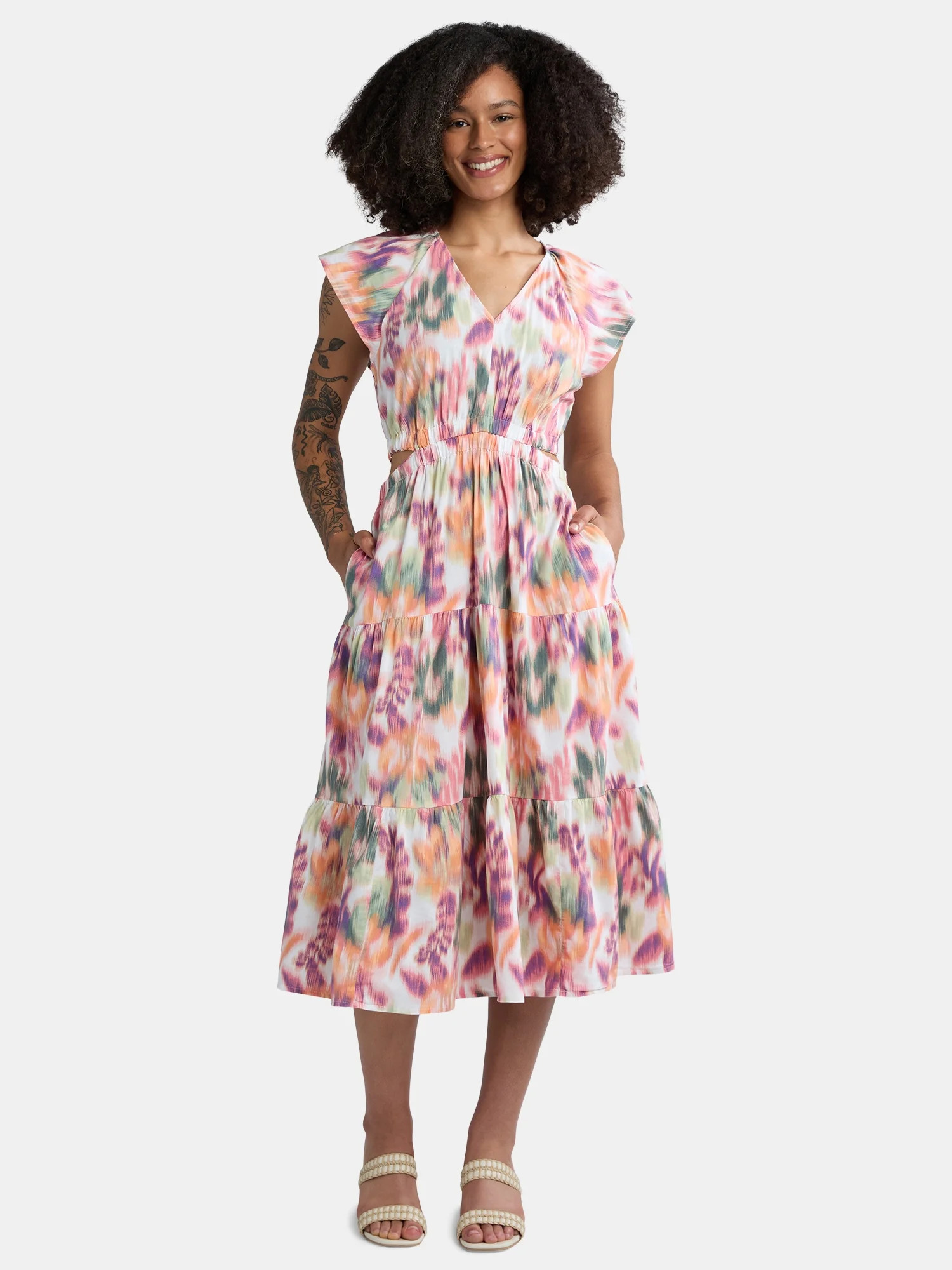 Time and Tru Women's Cut Out Midi Dress with Flutter Sleeves, Sizes XS-XXXL | Walmart (US)