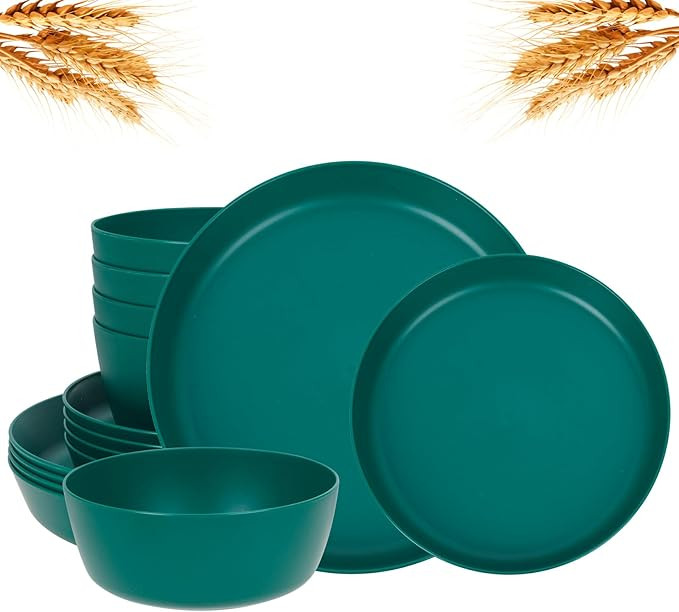 EI 12pcs Dark Green Wheat Straw Plates,Plate and Bowls Sets,Wheat Straw Dinnerware Set,Unbreakabl... | Amazon (US)
