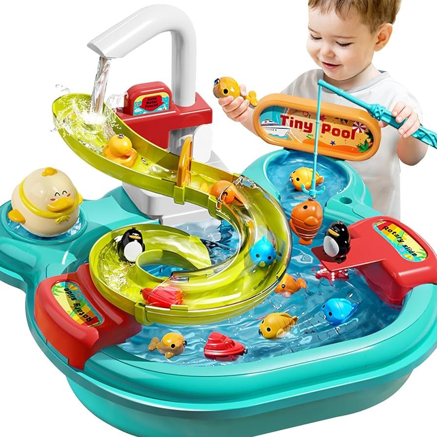 Play Sink with Running Water, 3-in-1 Toddler Kitchen Toys, Fishing Set, Tracks, Pretend Play Kitc... | Amazon (US)