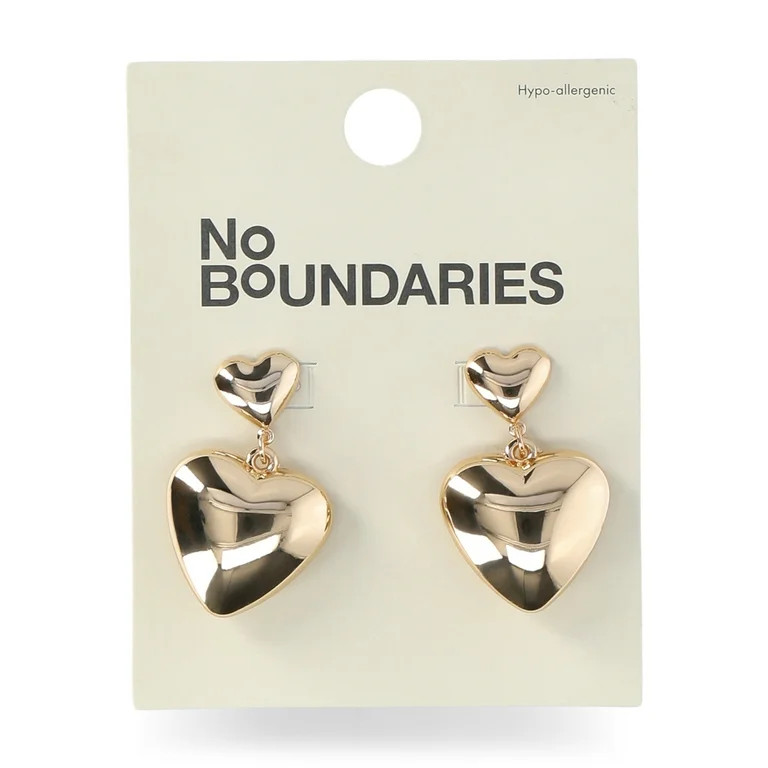 No Boundaries Gold Tone Trendy Puffed Heart Drop Post Earrings, Women's | Walmart (US)