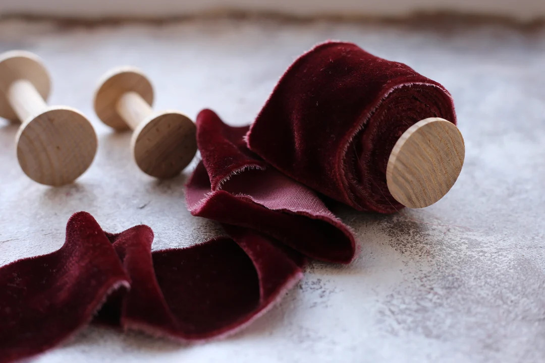WINE Color Silk Velvet Ribbon Bridal Bouquet Hand Dyed Ribbon Rustic Style Silk Velvet Ribbon Wed... | Etsy (US)