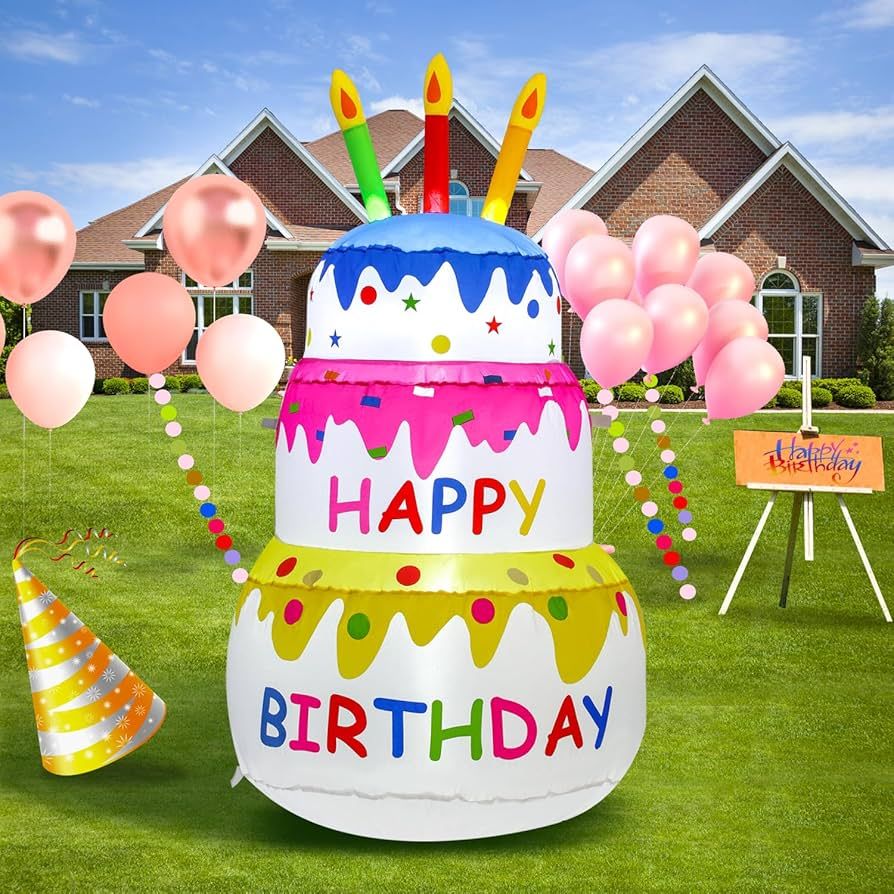 4ft inflatable happy birthday inflatable cake with candles, built-in LED lights, blow-up inflatab... | Amazon (US)