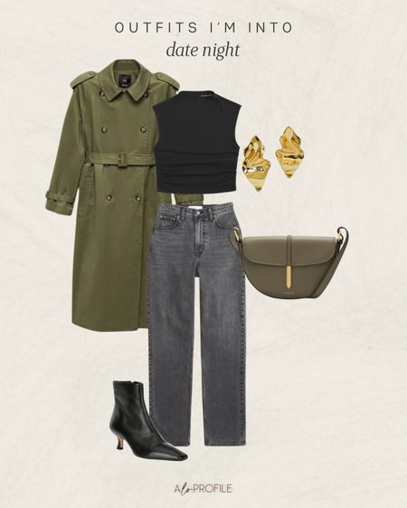 Date night outfit inspo! // jeans outfit, olive trench coat, trench coat, fall outfit, spring outfit