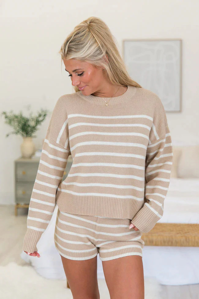 What Goes Around Taupe Striped Sweater Lounge Set | Pink Lily