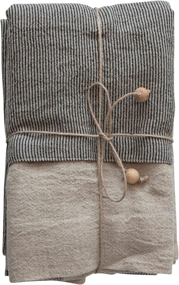 Creative Co-Op Linen Half Tea Towel, Set of 2 Pieces, Black and Ivory Apron, Multi | Amazon (US)