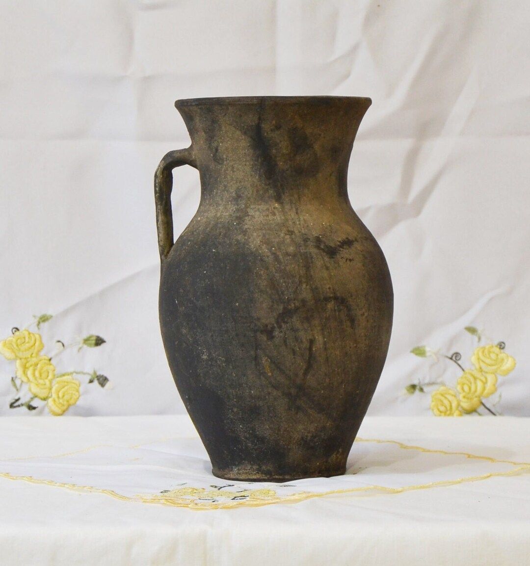 Black ceramic vase. Old big antique pitcher. Wabi sabi pottery black clay vessel. | Etsy (US)