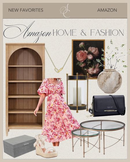 Amazon home and fashion finds include nesting tables, handbag, spring dress, hurricane candle holder, vase, faux greenery stems, wall art, gold necklace, decorative box, and wedge shoes.

Home decor, spring decor, spring dress, Amazon must haves, Amazon finds, looks for less.

#LTKhome #LTKstyletip #LTKshoecrush