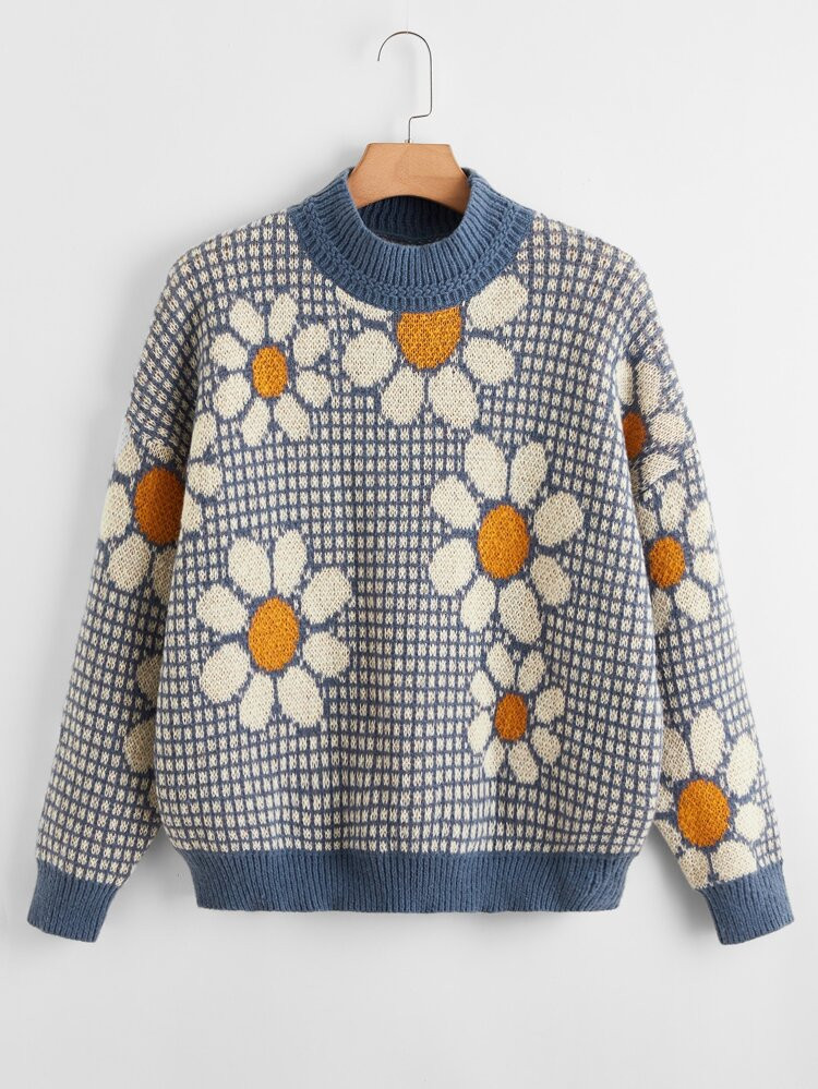 Plus Mock Neck Floral & Plaid Pattern Drop Shoulder Sweater | SHEIN