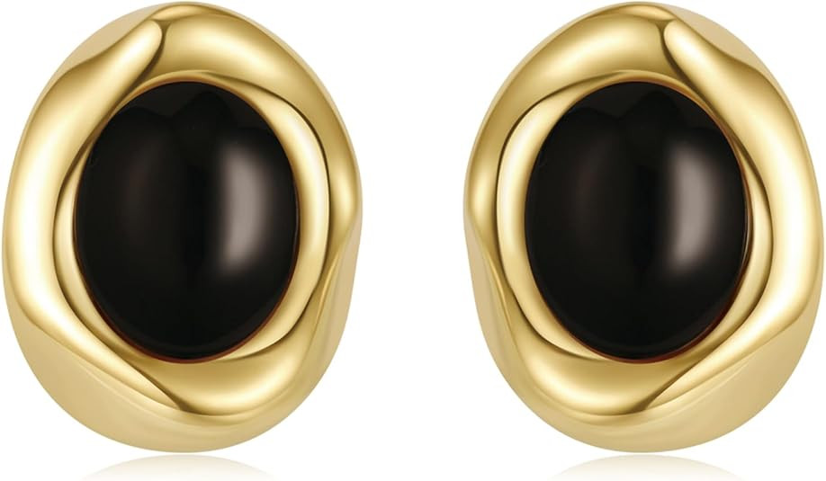 Gold Earrings for Women Oval Stud Trendy 14K Gold Plated Black Brown Stone Earrings Hypoallergeni... | Amazon (US)