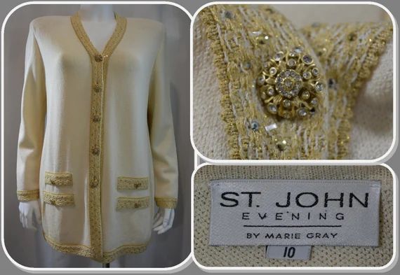 St John Evening Sweater Jacket Coat Ivory White Rhinestone | Etsy | Etsy (US)