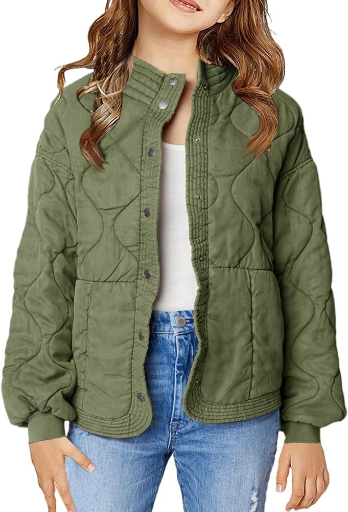 Ermonn Kids Girls Tencel Drop Shoulder Lightweight Quilted Jacket Button Long Sleeve Stand Neck W... | Amazon (US)