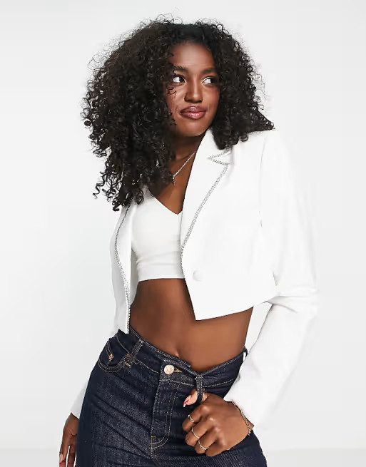 Miss Selfridge crystal trim crop blazer in white - part of a set | ASOS | ASOS (Global)