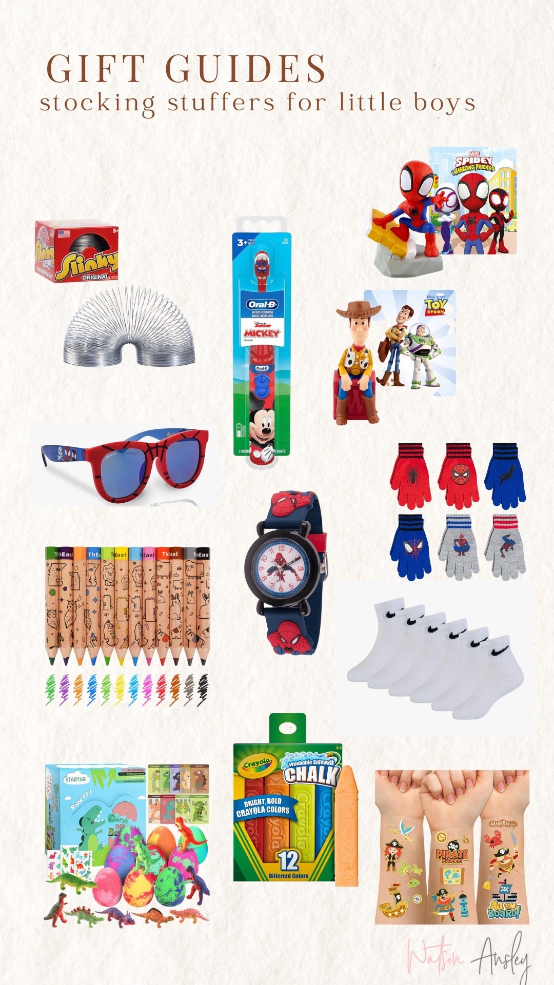 Shop stocking stuffer ideas for little boys here!

Spidey | Spider-Man | markets | pens | chalk | sunglasses | toothbrush | gloves | socks | watch | bath bombs | slinky | little boys | kids | toddler | Tonie characters | crafts | play | Christmas | stocking stuffers | toys



#LTKKids #LTKHoliday #LTKGiftGuide