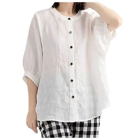 iOPQO womens t shirts Women s Short Sleeve Blouse Puffed Shirt Cotton Linen Button Front Loose Top t | Walmart (US)