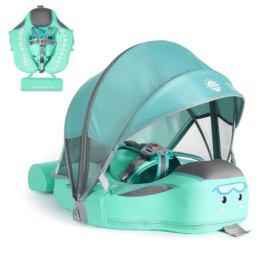 2025 New Mambobaby Baby Float Non-Inflatable Baby Pool Float with Canopy Solid Infant Pool Float with Canopy UPF 50+ Swim Ring Swimming Float with Tail & Adjustable Safety Seat(Baby Green) | Amazon (US)