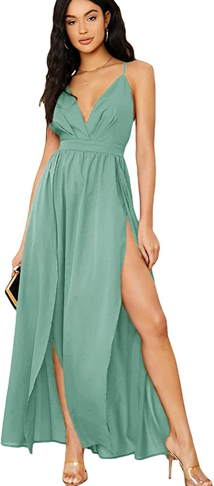 Floerns Women's V Neck Spaghetti Strap Backless Split Cocktail Party Maxi Long Dress | Amazon (US)