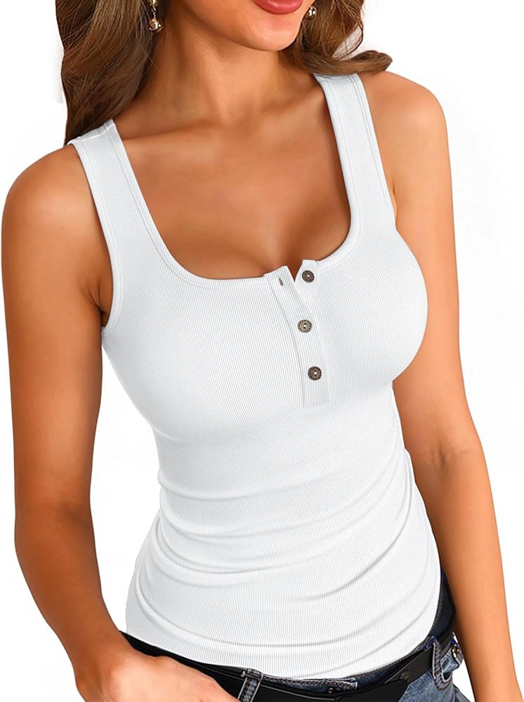 VICHYIE Summer Womens Sleeveless Tank Tops Cami Top Shirt Ribbed Classic Button Racerback Blouse | Amazon (US)