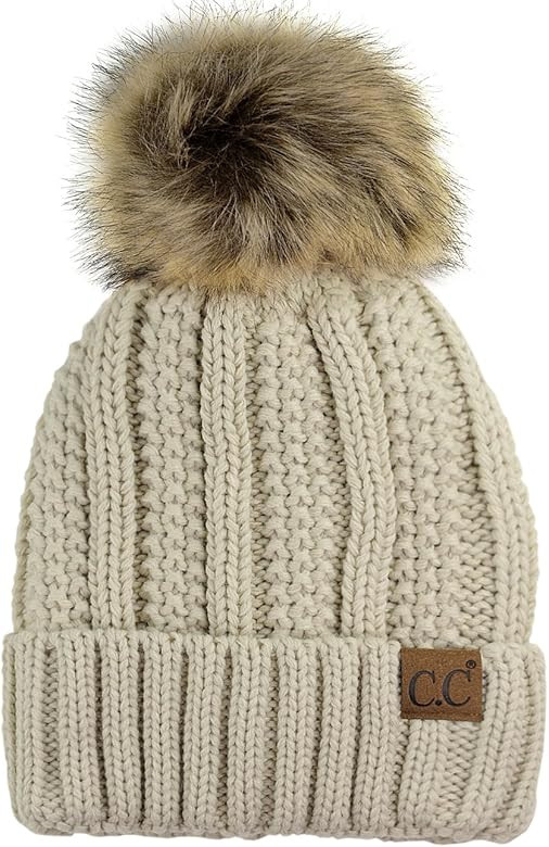 C.C Thick Cable Knit Faux Fuzzy Fur Pom Fleece Lined Skull Cap Cuff Beanie | Amazon (US)