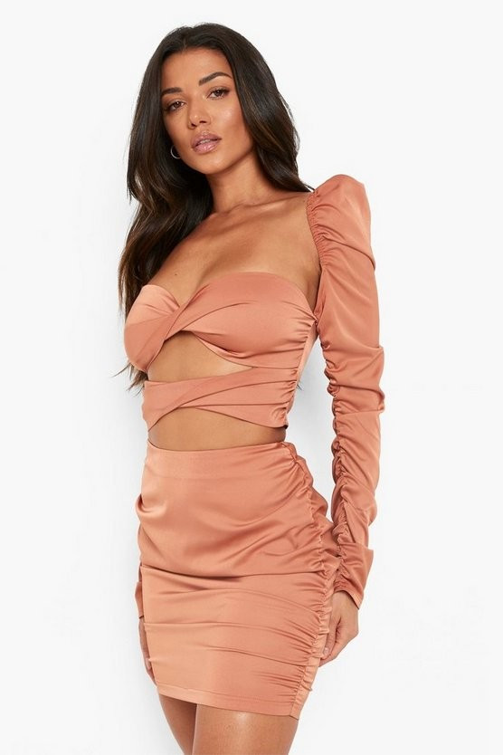 Matte Satin Ruched Sleeve Crop Top | Boohoo.com (US & CA)
