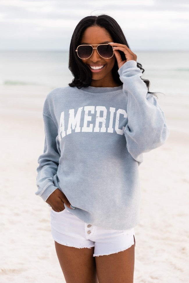 America Distressed Faded Denim Block Corded Graphic Sweatshirt - America Sweatshirt - Memorial Day  | Pink Lily