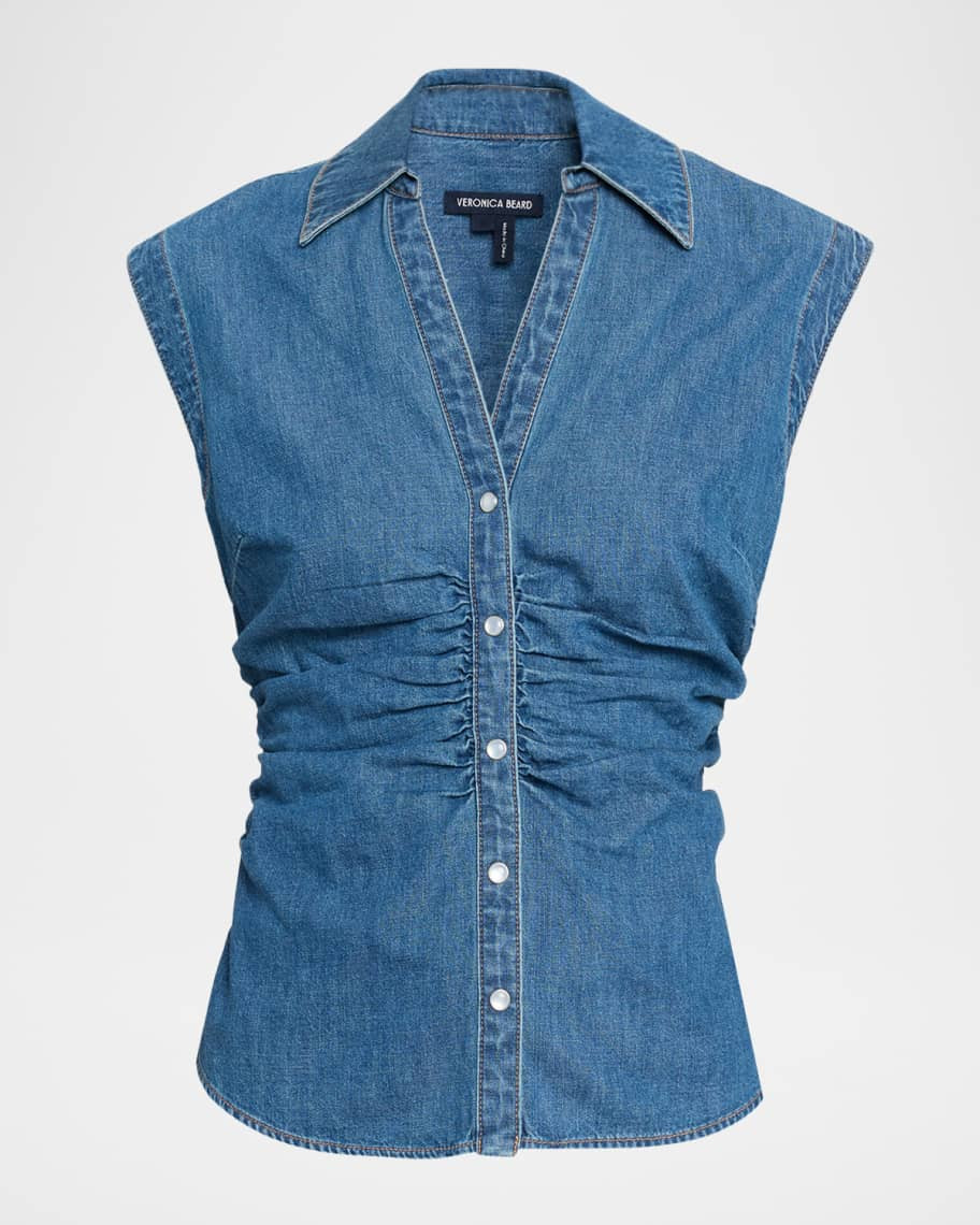 Veronica Beard Sera Sleeveless Ruched Denim Top | Neiman Marcus