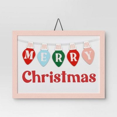 9.75"x11.38" 'Merry Christmas' String Lights Wood Wall Art Pink/White - Wondershop™ | Target