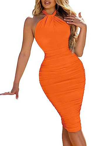 BEAGIMEG Women's Sexy Bodycon Sleeveless Backless Ruched Halter Neck Party Club Cocktail Midi Dre... | Amazon (US)