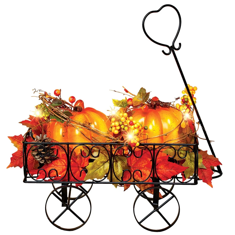 Collections Etc Lighted Metal Pumpkin Wagon with Leaves and Berries, Fall Outdoor and Indoor Déc... | Walmart (US)