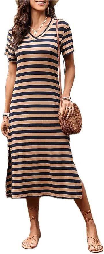 Women's Striped V-Neck Midi T Shirt Dress with Slit Stretch Casual Everyday Wear 50% Polyester 45... | Amazon (US)