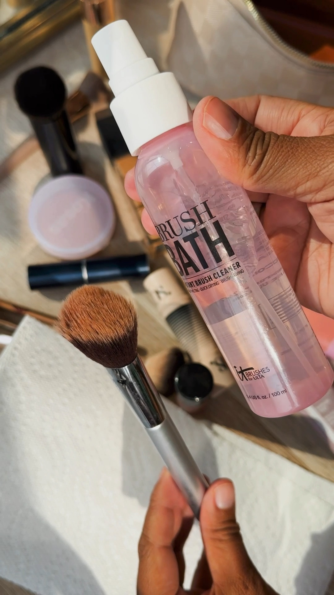 Cleaning makeup brushes using the It Cosmetics brush bath instant makeup brush cleaner from Ulta - currently on major sale for only $12!!!  

#LTKBeauty #LTKSaleAlert #LTKVideo