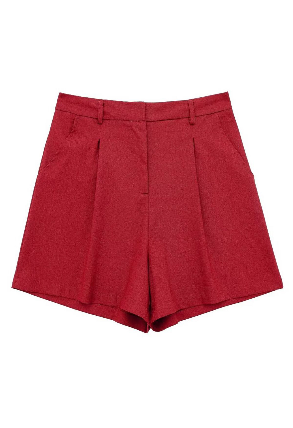 Side Pocket Pleated Linen-Blend Shorts in Red | Chicwish