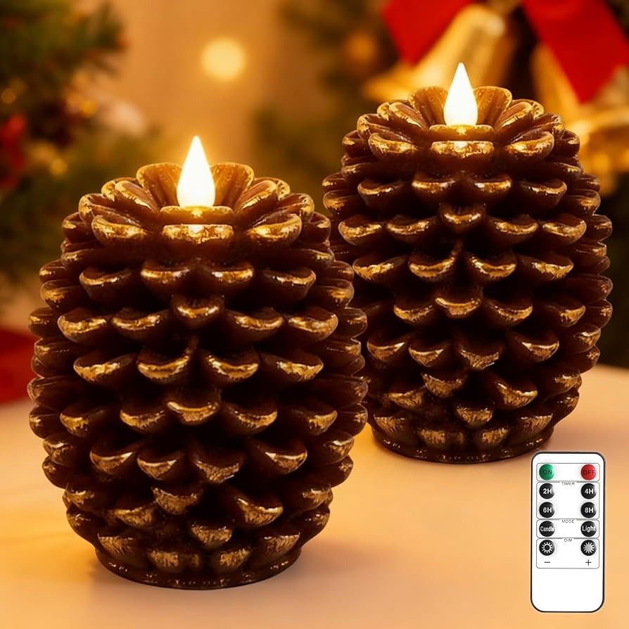 YAUNGEL 2 Pcs Pine Cone Candles Flameless with Remote Timer, Real Wax Christmas Battery Operated ... | Amazon (US)